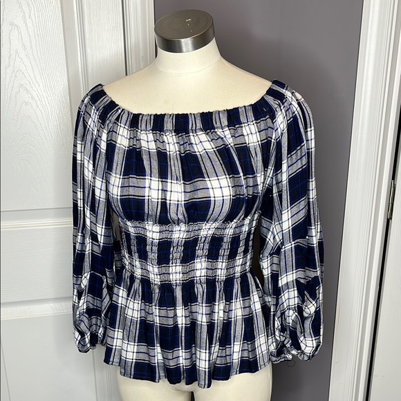 VENUS Tops - Venus Blue and White Peplum Blouse with Puff Sleeves